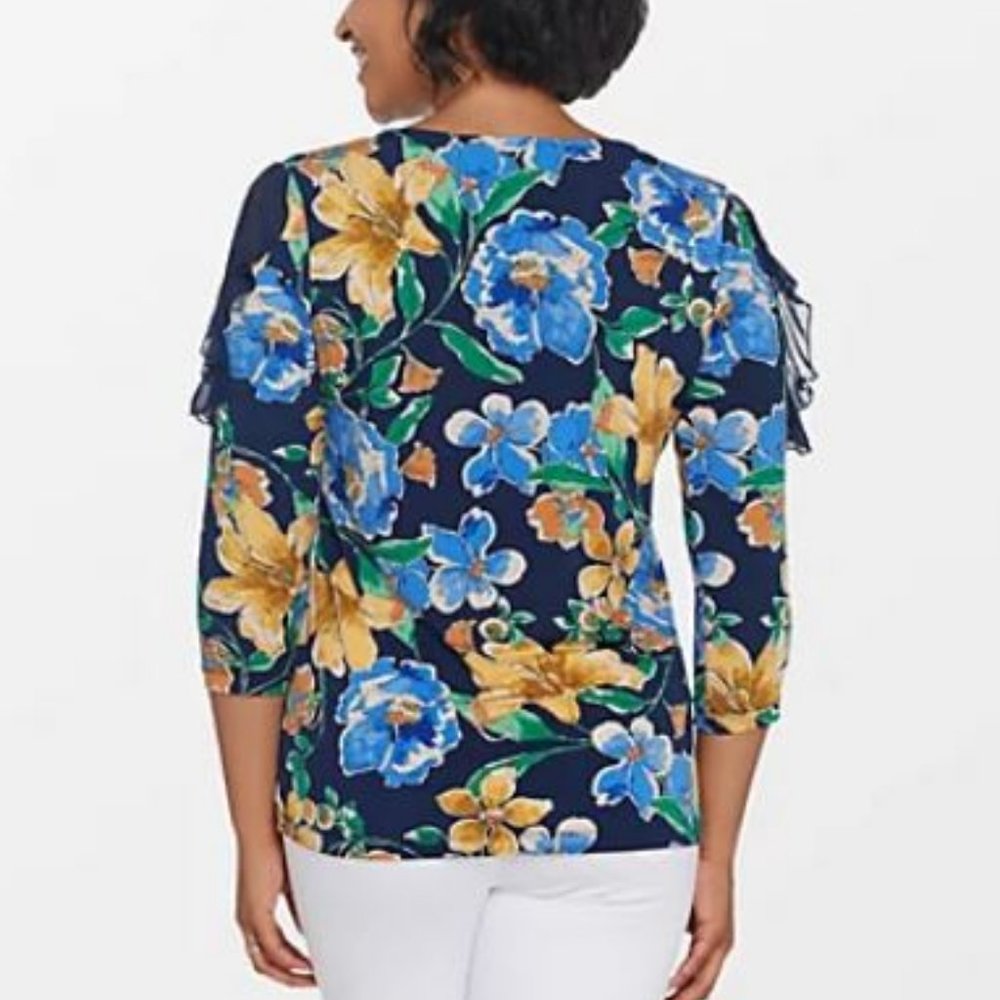 Susan Graver Liquid Knit Top Lace & Chiffon Detail - Picture 2 of 4